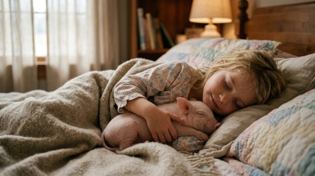 Young Girl Sleeping Peacefully Embracing a Piglet in Bed.