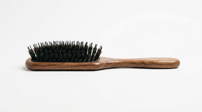 Wooden Hair Brush with Natural Bristles on White Background.