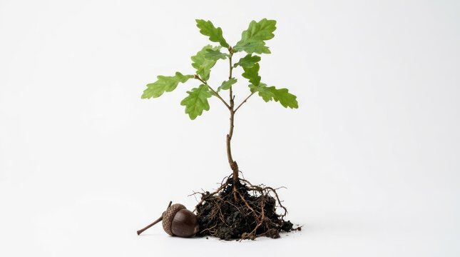 Young Oak Tree Sapling with Exposed Roots and Acorn.