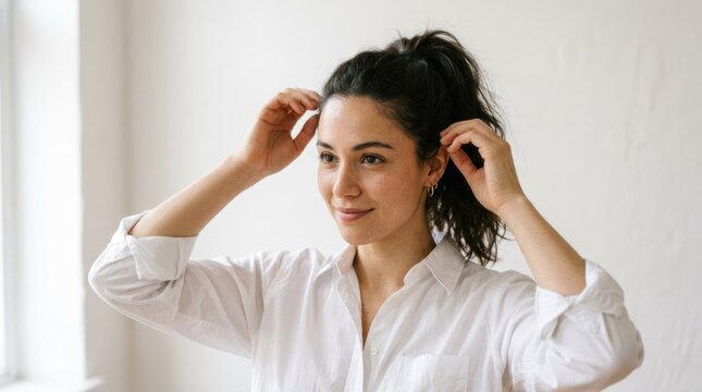 Young Woman Adjusting Her Ponytail Hairstyle in Natural Light.