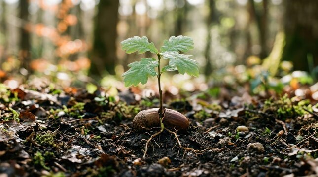 Young Oak Sapling Sprouts from Acorn in Forest Floor.