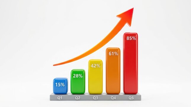 3D Bar Chart with Upward Trend Arrow Illustrating Growth.