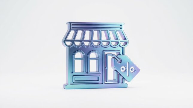 3D Rendered Storefront with Sale Tag Symbolizing Retail Discount.