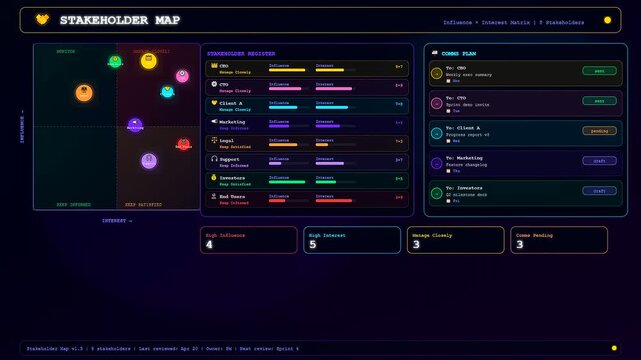 This video shows a dynamic Team Project Timeline where various colorful nodes populate a dark digital stakeholder map to visualize complex organizational relationships and management strategies.