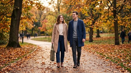 Fototapeta premium Couple walking hand in hand on a path covered in autumn leaves in a park