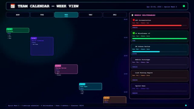 A futuristic digital dashboard displays a dynamic Team Project Timeline where tasks and deadlines populate across a sleek dark interface during a high speed workflow animation
