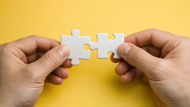 Close-up of two hands joining puzzle pieces against a yellow background