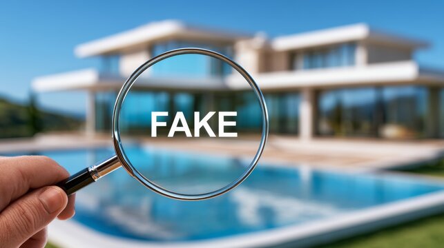 Magnifying glass shows fake text with blurred luxury house background highlighting scrutiny and deception Generative AI