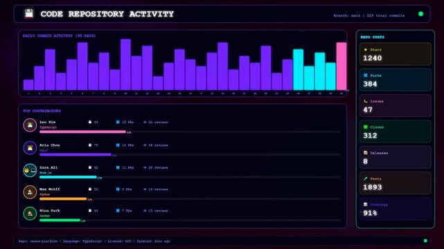 A sleek dark interface illustrates a dynamic Team Project Timeline where code repository metrics and contributor statistics continuously update with neon glowing bars.