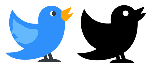 Fototapeta premium Cartoon blue bird with open beak and black silhouette side by side on transparent background
