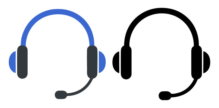 Blue and black headset icons with microphone for communication and customer support on transparent background