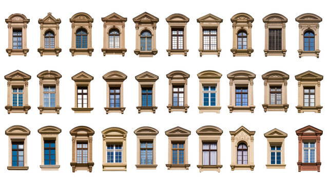 Isolated collection of classic and antique windows, ornate frames and architectural details