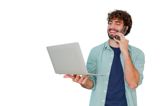 Young man multitasking, talking on smartphone and holding laptop, smiling happily with transparent background