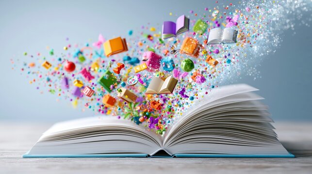 Notebook opens with colorful educational elements flying into the air in a learning space with simple classroom decor Generative AI
