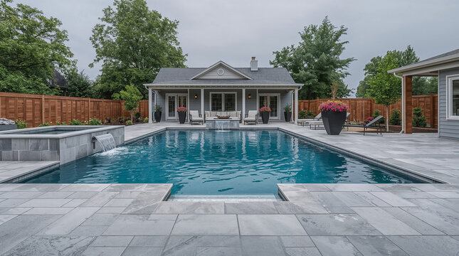 Luxury Modern Backyard Oasis with Custom Swimming Pool, Spa Waterfall, and Stone Patio