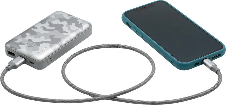 Silver camouflage patterned power bank is connected by a braided grey cable to a teal case smartphone charging the device Power bank has USB and USB C ports mobile phone technology