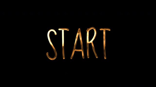  A gold-colored "Start" text animation that vibrates repeatedly against a black background. An element for an overlay concept. 4K motion video.