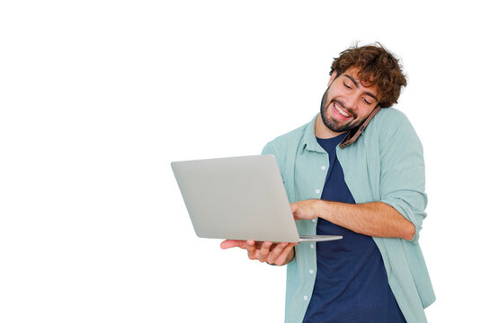 Young man multitasking, talking on phone with ear and shoulder while typing on laptop, smiling in busy work concept