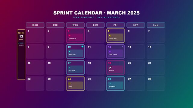 This dynamic motion graphic shows a digital team project timeline populating a monthly calendar with various milestones and task markers for efficient software development workflows.