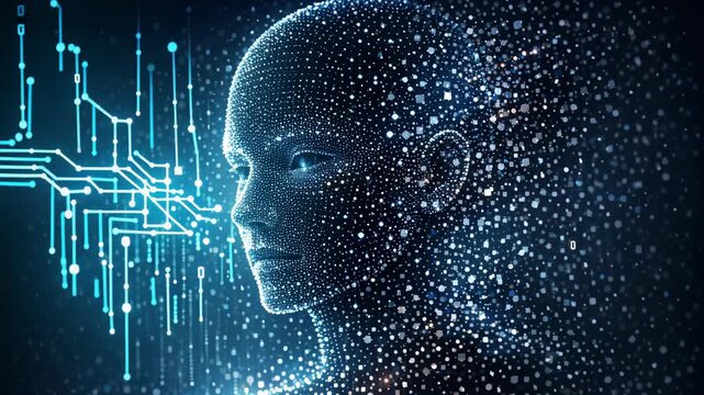 Blue digital silhouette of human head. Neon circuitry pulses beside the face. Pixel particles form the head's contours. Light trails connect to circuitry patterns