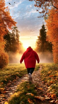 Plus-size adult walks through autumn park at sunrise enjoying natural light and active lifestyle Generative AI