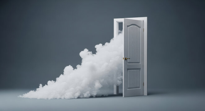 Open door releasing white smoke or cloud, surreal conceptual image, transition or escape metaphor, new beginnings or mysterious entrance, grey background.