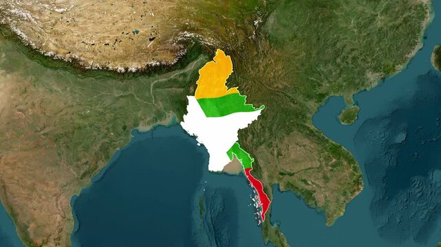 Myanmar Map Highlight with Flag Texture on World Map Zoom Motion Graphics