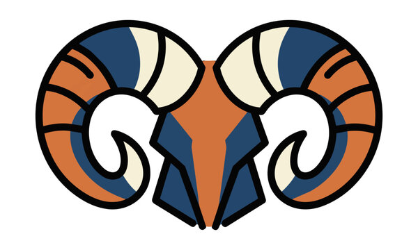 Minimalist icon of symmetrical ram horns with bold flat shapes and clean organic lines isolated on a white background, nature and wildlife symbol concept