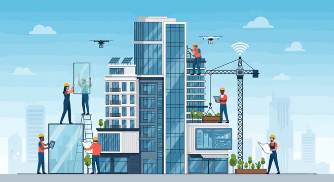Modern construction site with workers and drones.