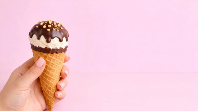 A person is holding two chocolate-covered ice cream cones with sprinkles in their right hand against a pink background. The person's left hand holds an empty cone without ice cream.