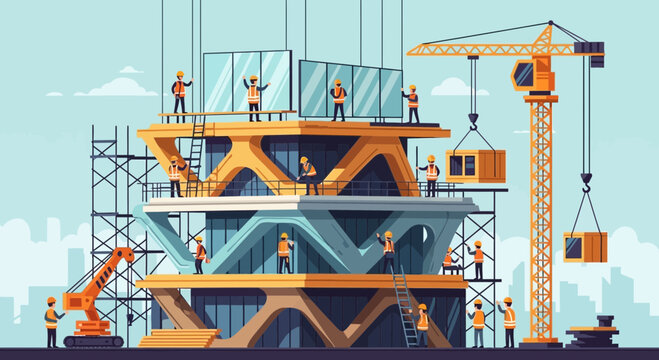 Modern construction site with workers and cranes building a structure.
