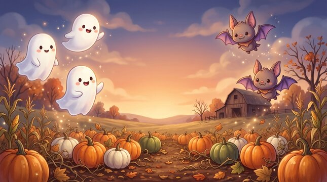 Three cute cartoon ghosts and two bats fly over a pumpkin patch and a barn at sunset, creating a whimsical Halloween scene.