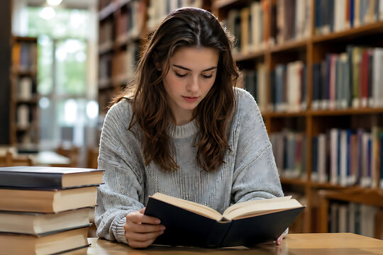 Young woman reading a book while sitting at a table in a quiet university library