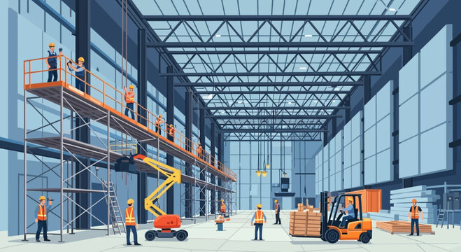 Modern industrial warehouse with workers and machinery.