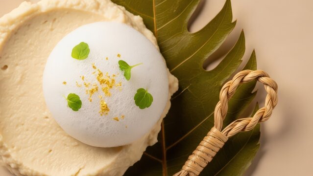 Gourmet Te Tari breadfruit paste with coconut foam and edible gold, elegant exotic food presentation with soft beige copy space