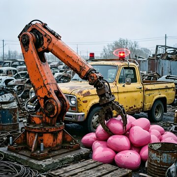 
Industrial robot arm holding a pink heart in a factory setting with a pile of hearts and a yellow truck