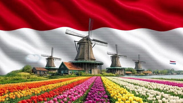 Dutch Windmills and Tulip Field with Waving Netherlands Flag Motion Graphic Animation