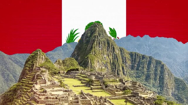 Machu Picchu Landmark with Waving Peru Flag Motion Graphic Animation