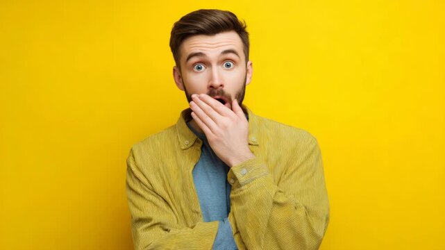 Young man with hands on face in shock pose, blurred by motion