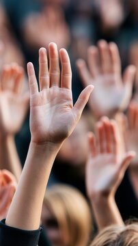 Hands raised in a public gathering showing support for community engagement and active participation Generative AI