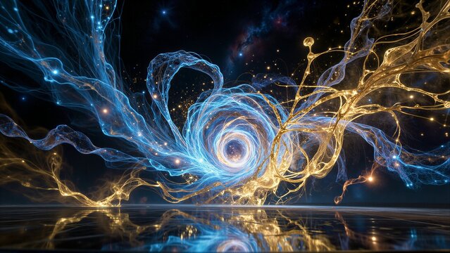 Cosmic blue and gold energy swirls reflect in a dark, starry water surface.