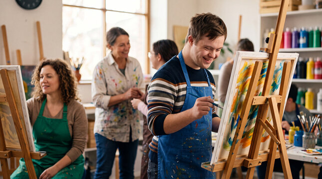 Inclusive art class portrait of smiling young man with Down syndrome painting at easel, creative disability representation, acceptance, confidence, kindness, support, art therapy,