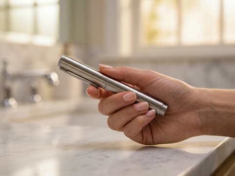 Close-up of a woman's hand holding a sleek silver electronic cigarette or vaporizer in a bright modern bathroom setting with marble countertop