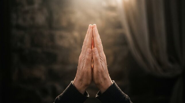 Hands clasped in prayer with light shining from above
