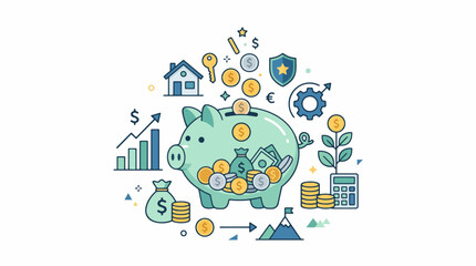 Naklejka premium Financial growth and savings concept with piggy bank coins house and growth chart illustration