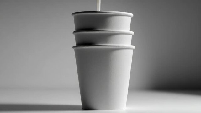 A stack of three paper cups with lids and sleeves, arranged on a flat surface in soft focus