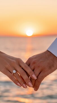 Couple holds hands showing engagement ring at sunset near ocean while celebrating love and commitment Generative AI