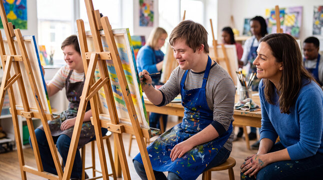 An inclusive art class portrait of a smiling young man painting at an easel with a supportive instructor, representing creative disability representation, acceptance, confidence, and art therapy.