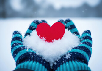 Fototapeta premium Person wearing warm blue and black striped winter mittens holding handful of fresh white snow shaped into small red heart against blurry background.