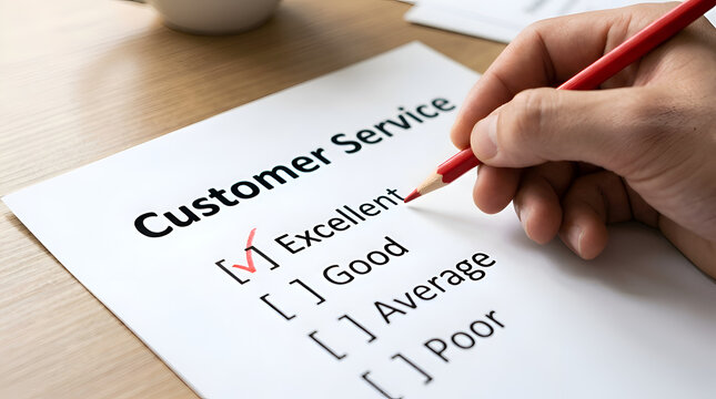 Close up of a hand using a red pencil to mark an excellent rating on a customer service feedback survey form